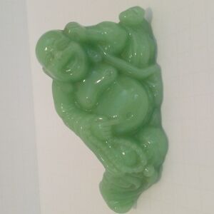 VINTAGE green molded glass, laughing happy lucky buddha. Green. EUC